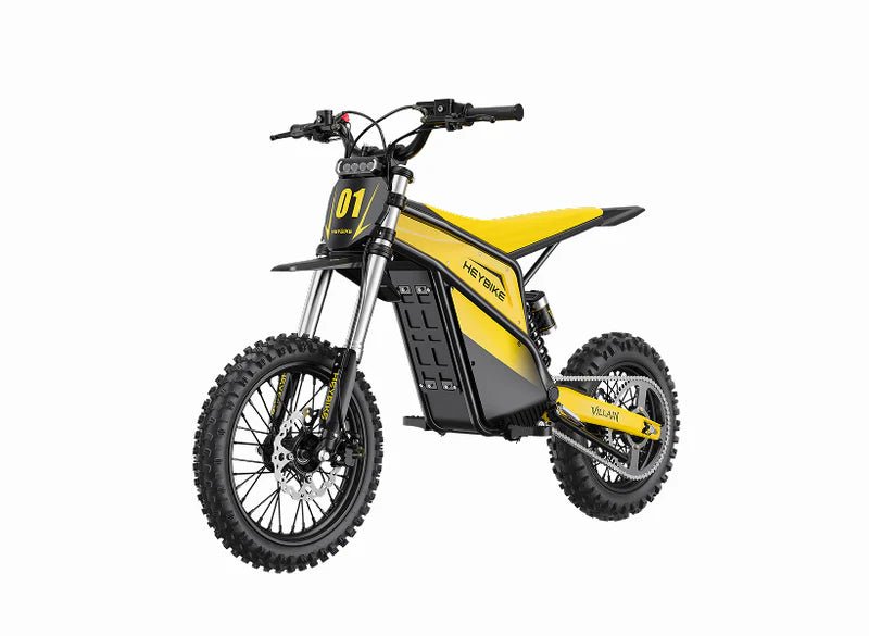 Heybike Villain 4160W electric dirt bike side view showing powerful off-road design and rugged frame