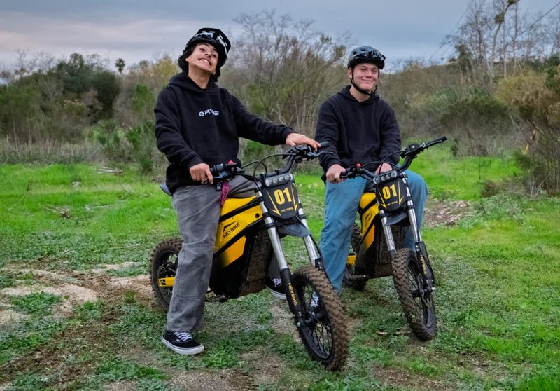 Front view of Heybike Villain electric dirt bike with aggressive off-road tires and suspension