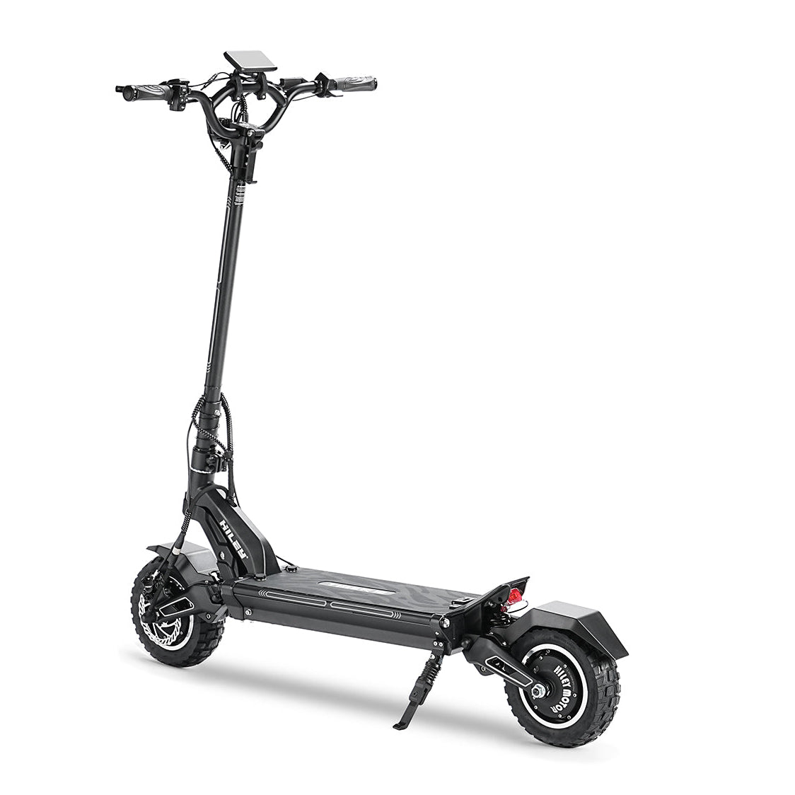 Hiley Tiger 10 GTR electric scooter - Rear-left side showing folding frame and tail lights.Trottinette électrique Hiley Tiger 10 GTR - Vue arrière gauche montrant le cadre pliant et les feux arrière